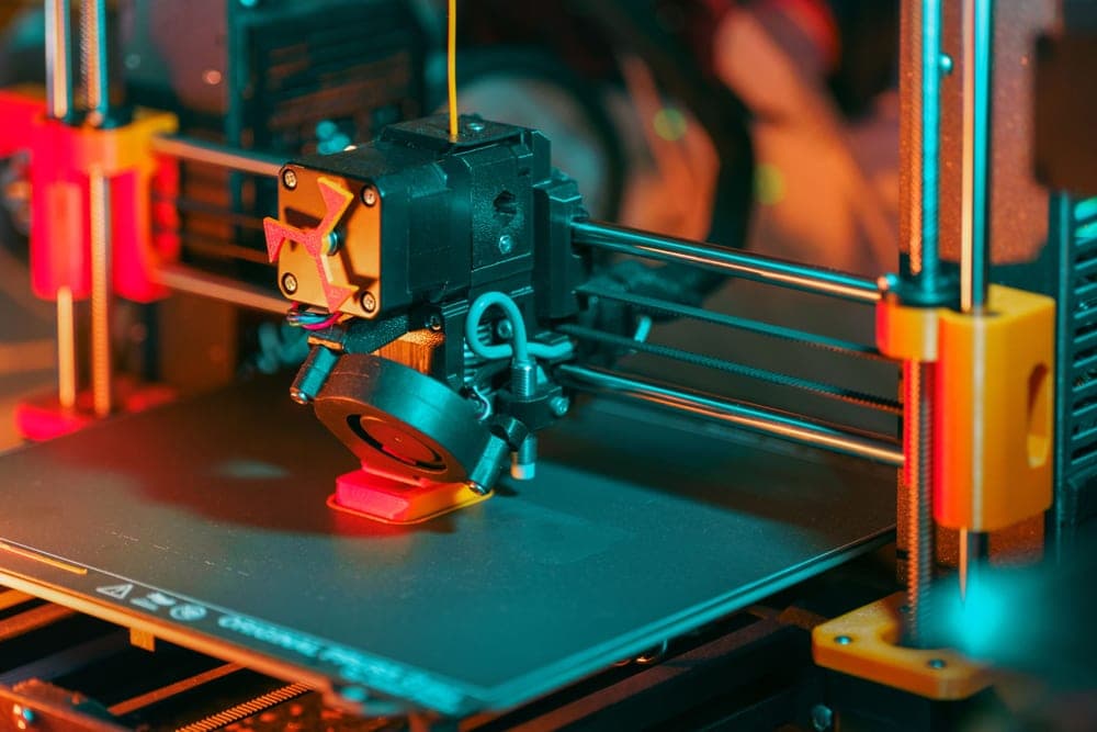 A close view of a 3D printer nozzle and hotend