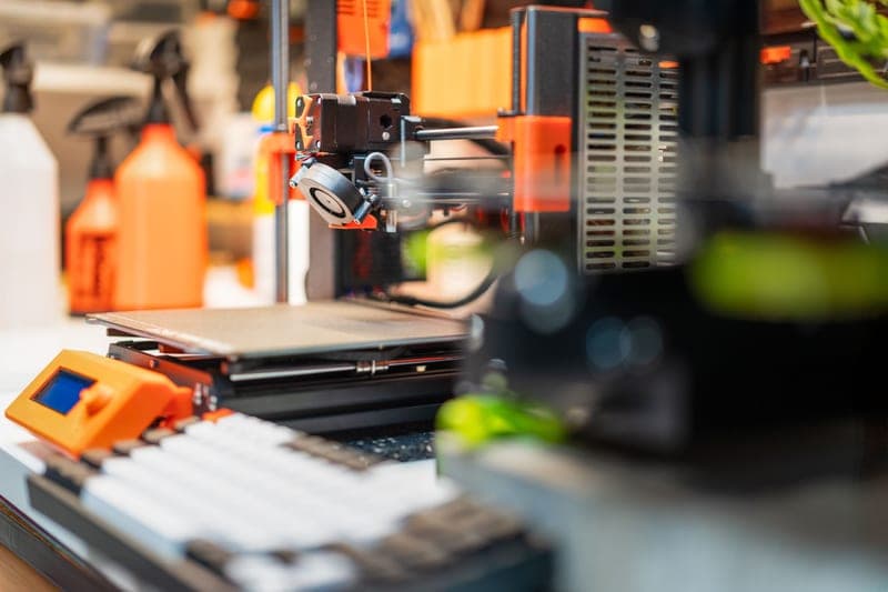 A modern enclosed dual-nozzle 3D printer on a bench
