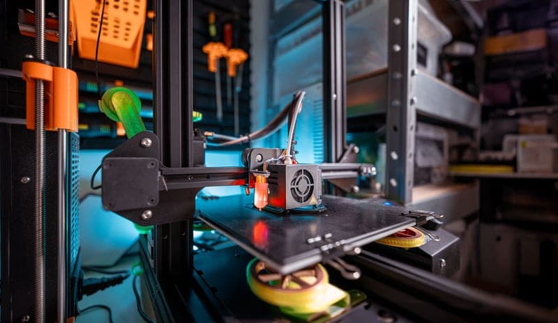 A large-format enclosed 3D printer beside a smaller desktop printer